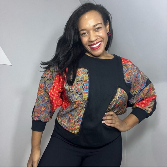 Vintage crewneck patchwork quilted sweatshirt bandana Paisley Statement Top - Picture 3 of 8